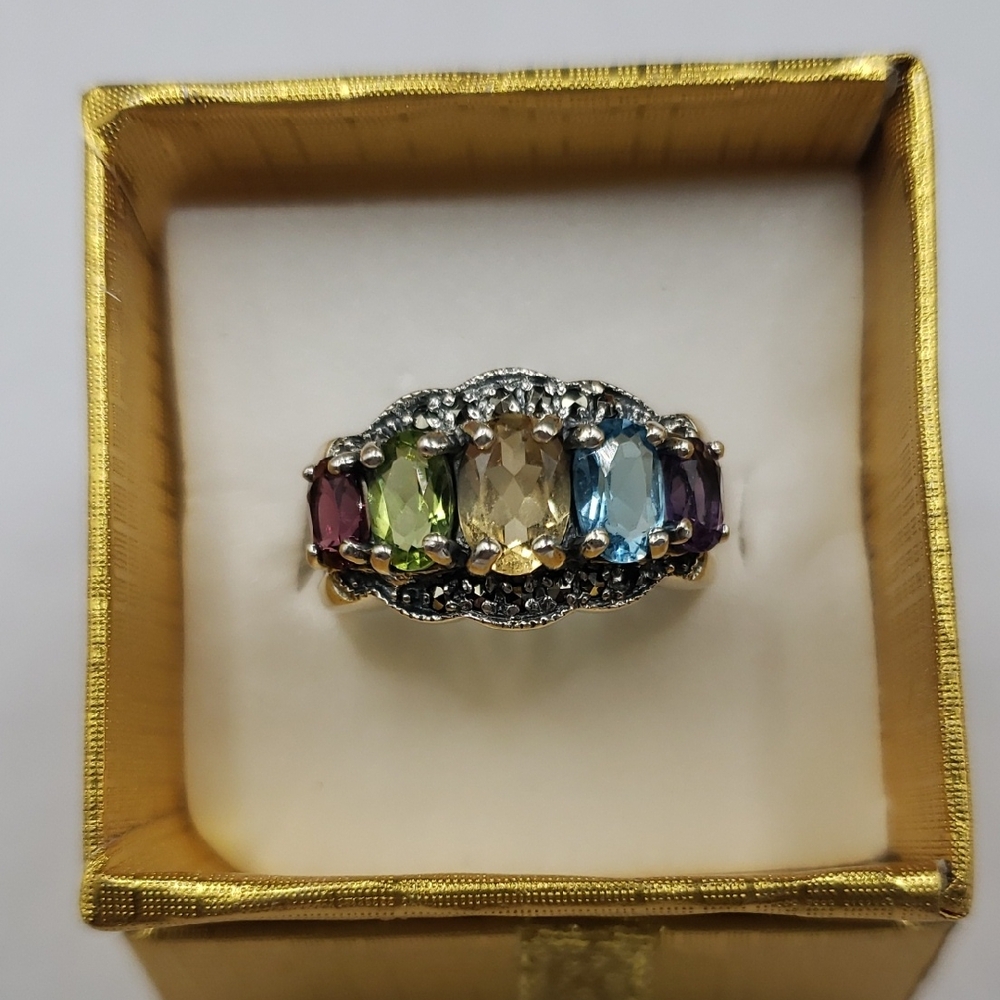Multicolor Gemstone 925 Silver Ring, Scalloped Marcasite Edge, Size 6